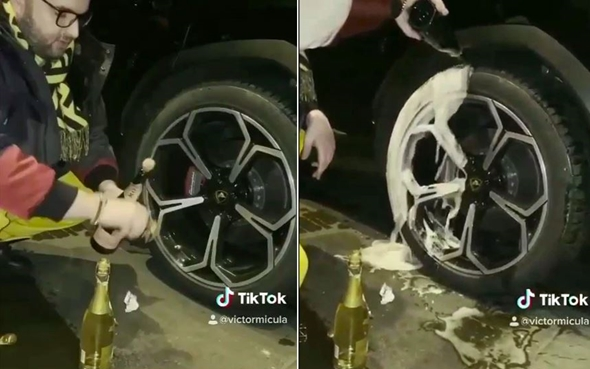 Rich Kid rửa lốp xe Lamborghini bằng rượu sâm panh đắt tiền để xem chai nào giúp xe đi sướng hơn Ảnh 2