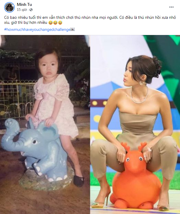 Minh Tú đăng ảnh thời bé với chú thích: 'Có bao nhiêu tuổi thì em vẫn thích chơi thú nhún nha mọi người. Có điều là thú nhún hồi xưa nhỏ xíu, giờ thì bự hơn nhiều'.