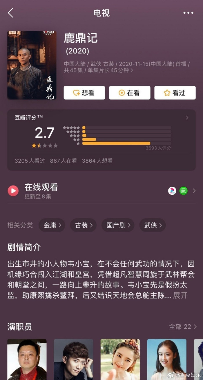 Điểm Douban của Tân Lộc đỉnh ký chỉ ở mức 2.7.
