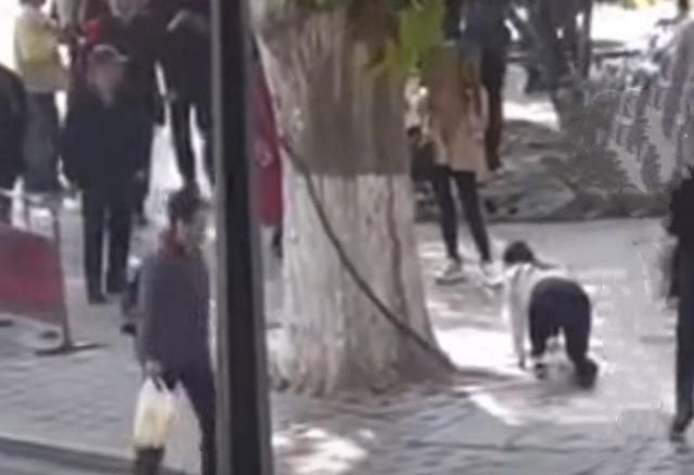 Cô gái ngậm giày trong miệng rồi bò lồm cồm trên phố. 