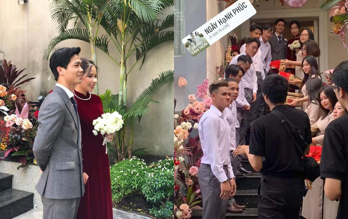 Hôm nay (16/11), Công Phượng diện vest bảnh bao, trong khi Viên Nghi mặc áo dài nhung đỏ trước giờ làm lễ cưới. (Ảnh: Thao Pham)