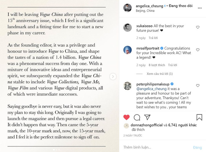 Thư từ chức của Angelica Cheung trên trang cá nhân của bà