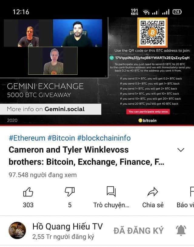 Hồ Quang Hiếu chia sẻ kênh của anh đã bị hack để livestream các video tiền ảo. (Ảnh: Hồ Quang Hiếu)
