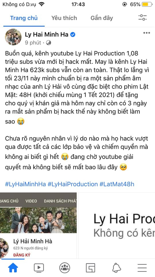 Trên fanpage Facebook, ca sĩ Lý Hải cũng thông báo kênh YouTube 1,1 triệu lượt theo dõi của anh cũng bị hacker chiếm quyền livestream. (Ảnh chụp màn hình)