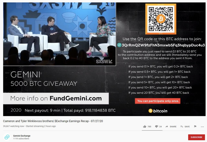 Một kênh YouTube có hơn 111.000 người đăng ký bị hacker chiếm quyền kiểm soát để lừa đảo Bitcoin, thời điểm cuối tháng 7/2020. (Ảnh: Rod Breslau)