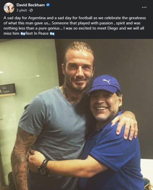 'Diego chơi bóng với niềm đam mê, tinh thần cống hiến. Ông ấy là một thiên tài', David Beckham viết.