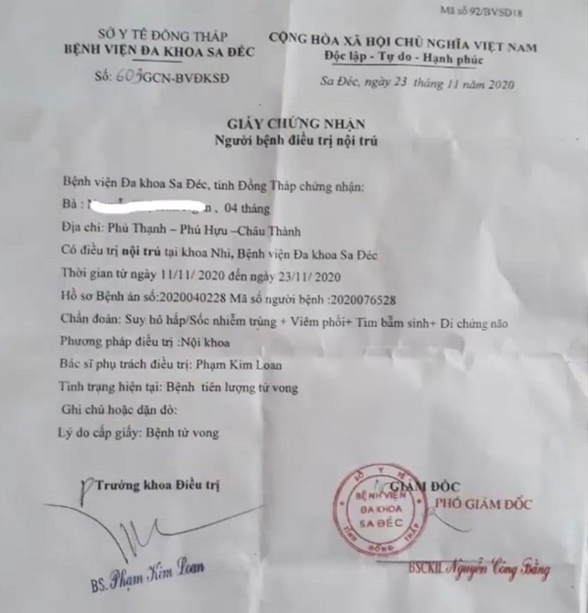 Giấy xác nhận tình trạng bệnh của bé K.của Bệnh viện Đa khoa TP.Sa Đéc, tỉnh Đồng Tháp