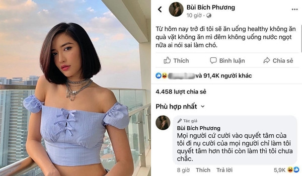 Đến nỗi bây giờ cô nàng phải đăng status hạ quyết tâm ăn uống healthy, không ăn đêm để bảo vệ sức khỏe bản thân.