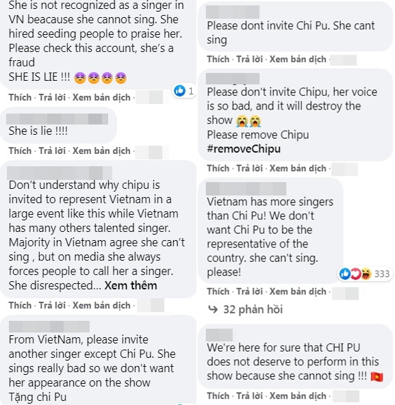 Dù đã sát giờ Chi Pu trình diễn, dân mạng Việt Nam vẫn liên tục 'tấn công' fanpage chương trình, bình luận bằng tiếng Anh chê bai Chi Pu.