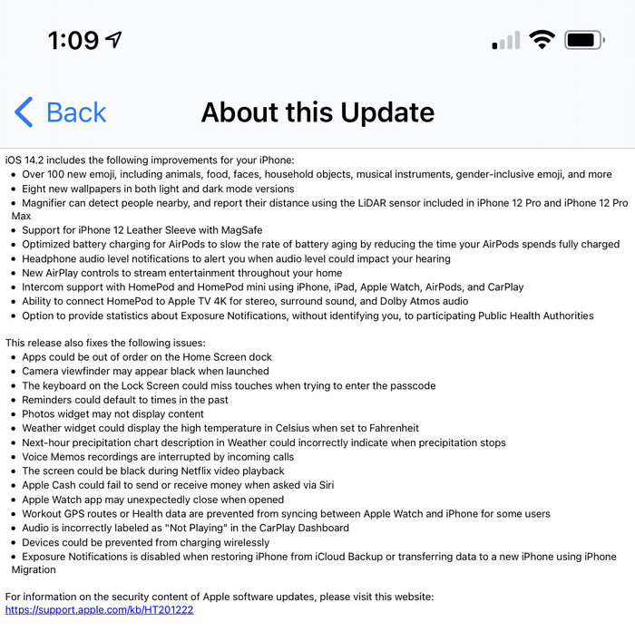 Apple không nhắc đến thay đổi của FaceTime trong changelog của iOS 14.2. Ảnh chụp màn hình