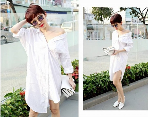 Tận dụng lợi thế khoe chân thọn của sơ mi dáng dài, chưa kể đến sáng tạo cài nút lệch của Tóc Tiên làm cho mỹ nhân thêm cá tính và quyến rũ hơn.