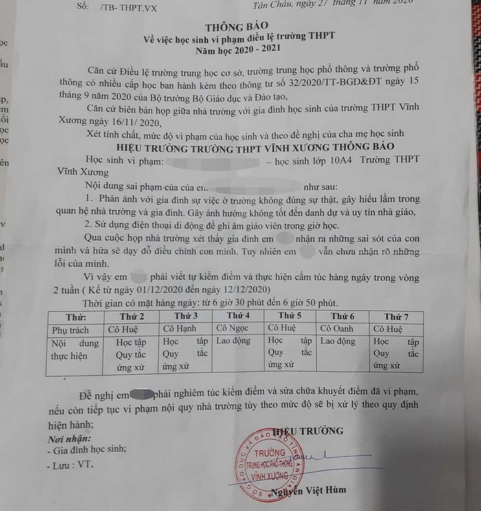 Vụ nữ sinh lớp 10 ở An Giang tự tử do uất ức với nhà trường: Tạm đình chỉ Hiệu trưởng và Phó Hiệu trưởng Ảnh 2