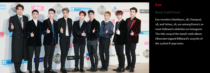 Các thành viên EXO Baekhyun, 28 tuổi, Chanyeol, 28 tuổi và Sehun, 26 tuổi, là một trong 10 người nổi tiếng được theo dõi nhiều nhất trên Instagram của Hàn Quốc. Ca khúc chủ đề của album thứ sáu Obsession của ban nhạc đã đứng đầu danh sách 25 giai điệu K-pop hay nhất năm 2019 của Billboard. 