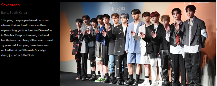Năm nay, Seventeen đã phát hành hai mini-album và đều bán được hơn một triệu bản: Heng: garæ vào tháng 6 và Semicolon vào tháng 10. Năm ngoái, Seventeen đứng thứ 6 trên bảng xếp hạng Social 50 của Billboard, chỉ sau Billie Eilish. 