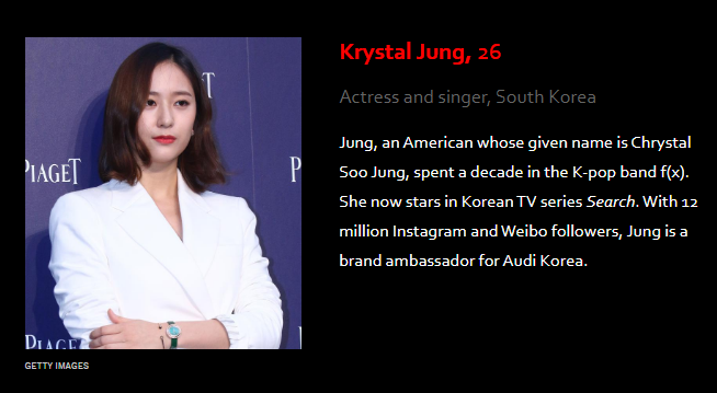 Krystal ra mắt hơn 10 năm với nhóm nhạc nữ f(x). Hiện cô đóng vai chính trong bộ phim truyền hình 'Search' của Hàn Quốc . Với 12 triệu người theo dõi trên Instagram và Weibo, Krystal là đại sứ thương hiệu của Audi Hàn Quốc.