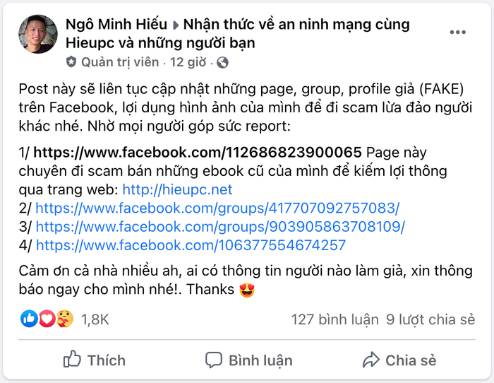 HiếuPC mới đây đã lập nhóm cộng đồng, fanpage và website cá nhân với mục đích chia sẻ các kiến thức, nâng cao nhận thức về an toàn thông tin và an ninh mạng. (Ảnh chụp màn hình)