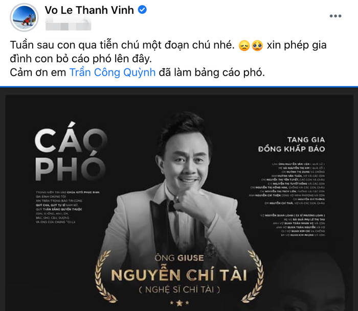 Con trai danh hài Hoài Linh xác nhận sẽ có mặt đưa tiễn cố nghệ sĩ Chí Tài cùng người thân, gia đình tại Mỹ.