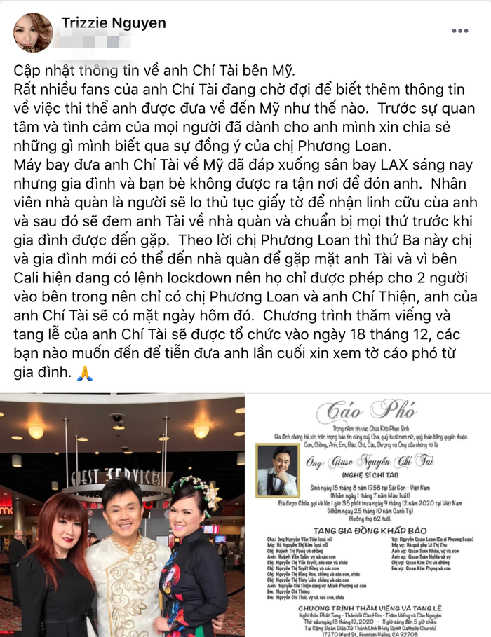 Ca sĩ Trizzie Phương Trinh chia sẻ về thông tin tang lễ nghệ sĩ Chí Tài tại Mỹ.