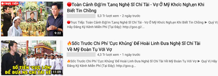 Từng có thời điểm đoạn video giả livestream đáng tang cố nghệ sĩ Chí Tài và một video chắp vá khác về cố nghệ sĩ gạo cội lọt top 2 và 3 trending YouTube Việt Nam. (Ảnh chụp màn hình)