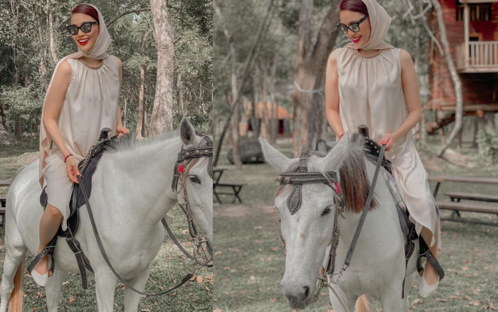 Lan Khuê diện đồ thanh tao cưỡi ngựa trắng quấn khăn như Công nương Anh Ảnh 2