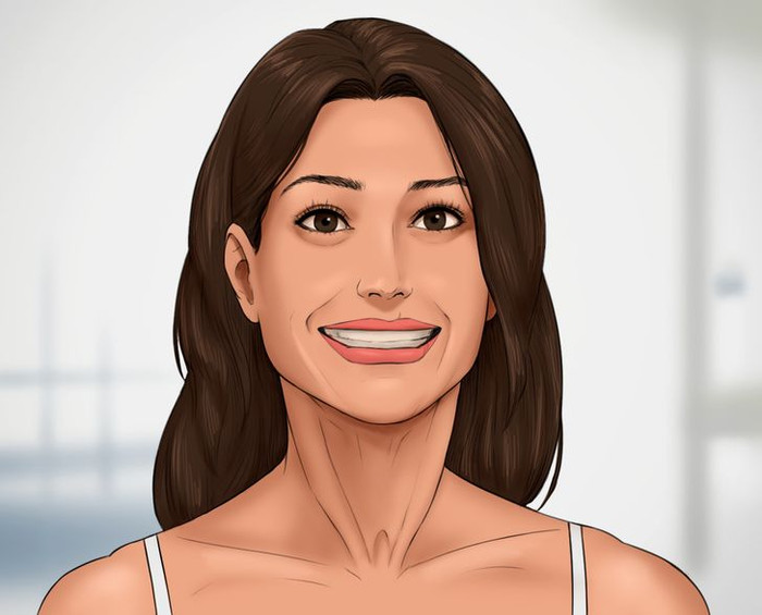 Cách thực hiện bài tập cằm: Ngồi ở tư thế thoải mái, chủ động đưa cằm ra, mỉm cười trong 5 giây. Nếu tập đúng, bạn sẽ thấy căng cơ ở cổ. Lặp lại 3 lần. Thực hiện bài tập này 1-2 lần mỗi ngày.