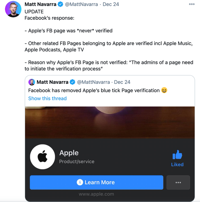 Thực hư thông tin Facebook gỡ tick xanh trên fanpage có hơn 13 triệu theo dõi của Apple Ảnh 2