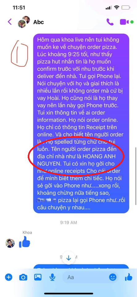 Theo như nội dung trong tin nhắn giữa Quỳnh Như với bạn của mình thì phía pizza đã cho biết người đặt bánh tới nhà cô tên là NGUYEN HOANG ANH
