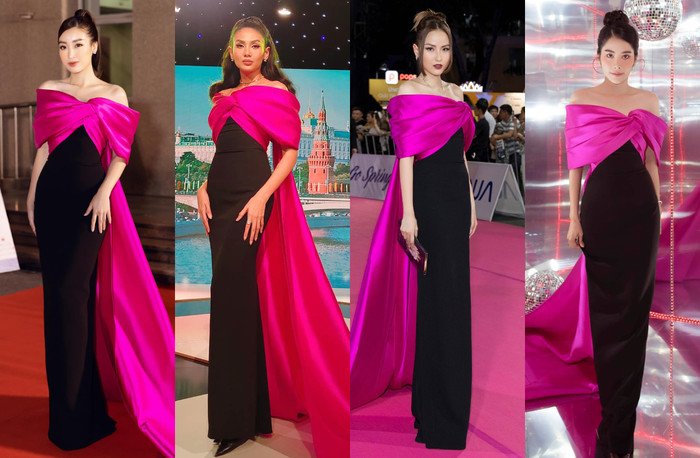 Cá biệt mẫu thiết kế lấy cảm hứng từ nơ với sự kết hợp màu sắc đối lập, điểm nhấn là phần thân trên drapping khoe trọn vai trần gợi cảm chính là thiết kế được nhiều mỹ nhân lựa chọn sải bước trên thảm đỏ. 