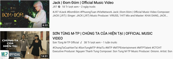 Hiện tại, sản phẩm của Jack và Sơn Tùng M-TP đang thay phiên đứng top 1 và 2 trending trên YouTube. (Ảnh chụp màn hình)