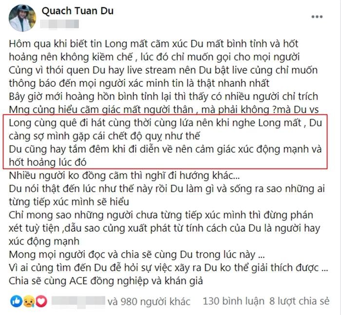 Quách Tuấn Du bị chỉ trích vì livestream làm lố khi Vân Quang Long mất: 'Tôi sợ đột quỵ như vậy' Ảnh 2