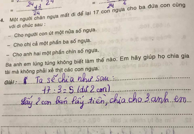 Mẹ 'chua cả mặt' khi thấy đáp án của con trai ở bài toán 'làm sao để chia đều 17 con ngựa cho 3 người?' Ảnh 1