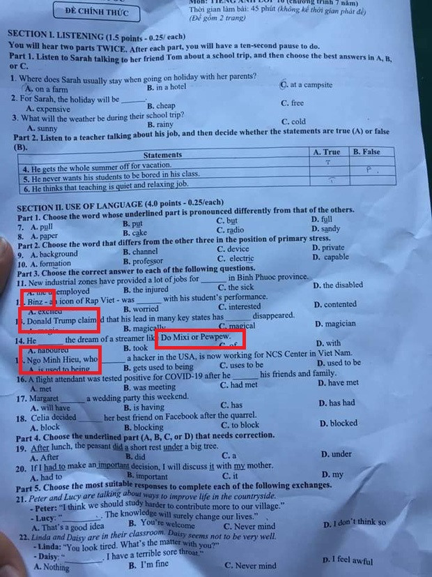 Độ Mixi, PewPew, HieuPC xuất hiện trong đề thi tiếng Anh khiến học sinh vừa nhìn thôi đã muốn làm bài Ảnh 1