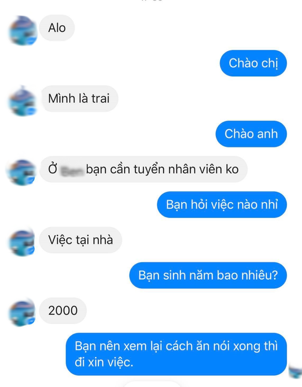 Đoạn tin nhắn trao đổi giữa nam sinh 2000 với nhà tuyển dụng. Ảnh: Trọng Thủy BG