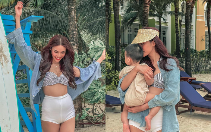 Lan Khuê khoe eo thon cong mướt, hôn con trai khi đi biển ngày sinh nhật Ảnh 2