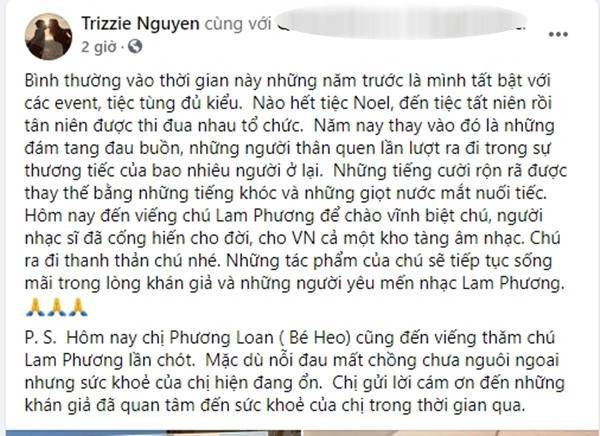 Dòng trạng thái của Trizzie Phương Trinh tiết lộ tình trạng và sức khoẻ của ca sĩ Phương Loan sau khi chồng mất. 