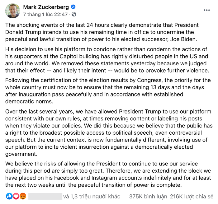 Mark Zuckerberg cho biết, Facebook sẽ khóa tài khoản của ông Trump, ít nhất là đến lễ nhậm chức của Tổng thống đắc cử Joe Biden. (Ảnh chụp màn hình)
