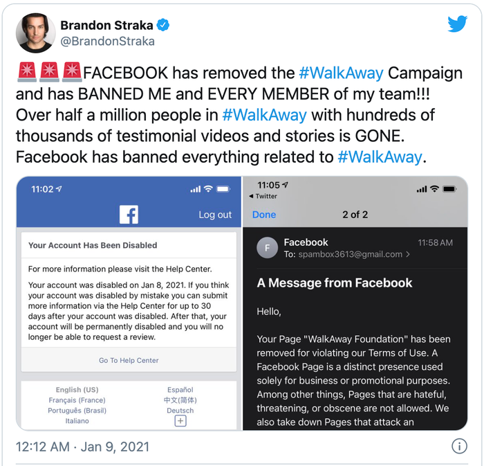Ông Brandon Straka cho biết, fanpage #Walkaway của mình đã bị xóa khỏi Facebook vào hôm 8/1 (theo giờ Mỹ). (Ảnh chụp màn hình)