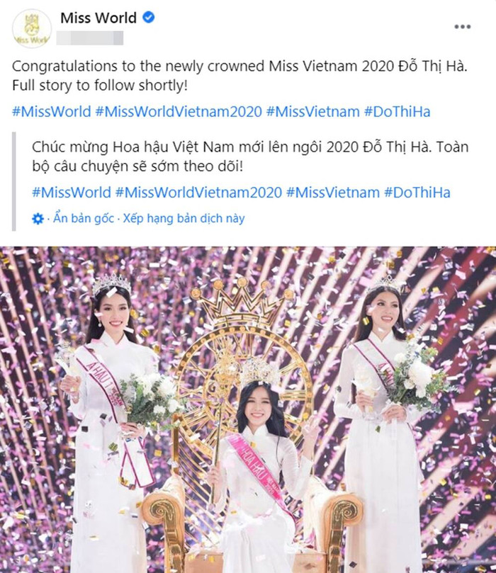 Fanpage Miss World chúc mừng, ngầm xác định Đỗ Thị Hà đại diện Việt Nam thi Hoa hậu Thế giới.