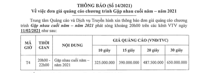 Báo giá quảng cáo Gặp nhau cuối năm 2021. Ảnh chụp màn hình