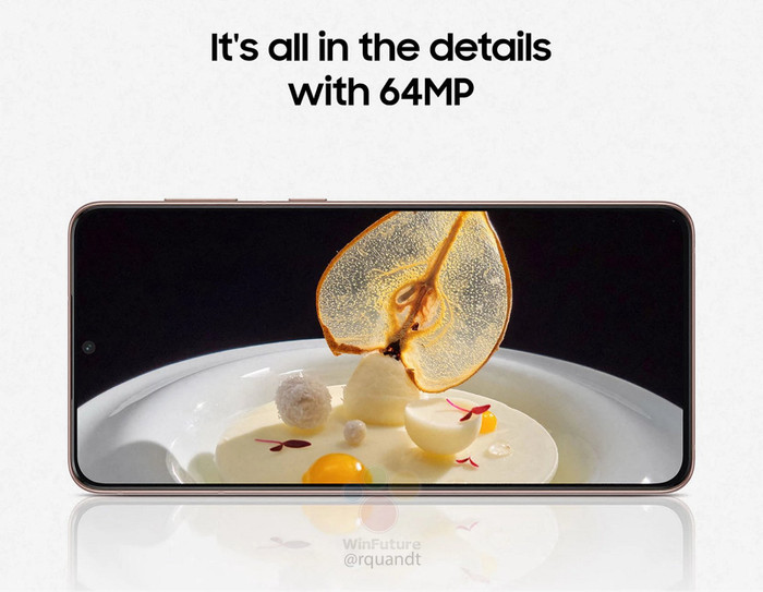 Trong khi hình ảnh này lại nhấn mạnh vào module camera 64 MP, tập trung vào khả năng siêu zoom. (Ảnh: WinFuture)