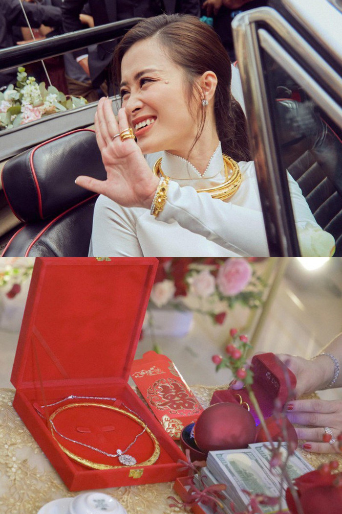 Trong ngày vui đời mình, Đông Nhi cũng nhận được số vòng vàng 'kha khá' từ gia đình chồng. Chưa kể đến xấp tiền đô xếp từng cọc kế bên.&nbsp;
