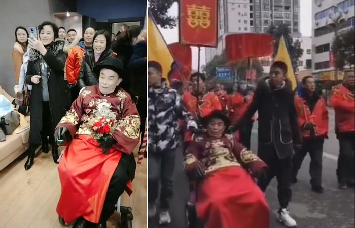 Chú rể 80 tuổi ngồi xe lăn đi rước dâu. 