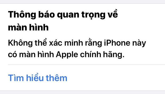 Thông báo 'Không thể xác minh rằng iPhone này có màn hình Apple chính hãng'.