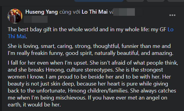 Bạn trai còn cho biết Lò Thị Mai là người phụ nữ mạnh mẽ nhất anh từng biết: “Cô ấy không sợ những gì mọi người nghĩ và cô ấy phá vỡ định kiến&nbsp;​​văn hóa Hmong”.