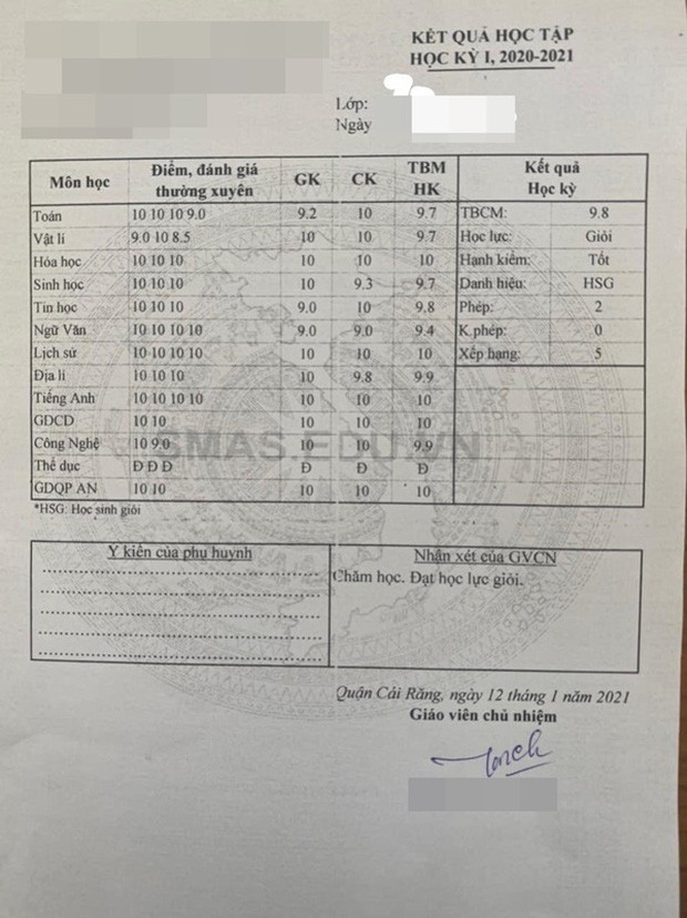 Bảng điểm toàn điểm 9 và 10 nhưng thứ hạng đứng trong lớp còn khiến nhiều người ngạc nhiên hơn Ảnh 1