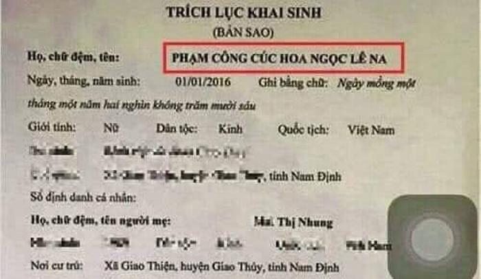 Tiếp tục là 1 cái tên của 1 cô gái: Phạm Công Cúc Hoa Ngọc Lê Na