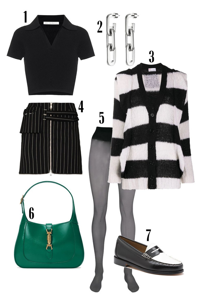 Set đồ phù hợp nhất với cô nàng phá cách là đây: áo thun polo, giày lười, cardigan kẻ ngang, váy mini họa tiết sọc. Tất nhiên bạn không thể quên một đôi khuyên tai mắt xích và túi xách màu nổi bật.