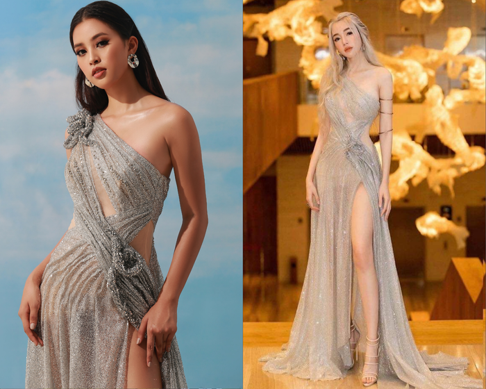 Hai “nữ thần sắc đẹp” Tiểu Vy và Elly Trần có cơ hội so kè nhan sắc khi diện chung một thiết kế tuyệt mỹ. Nếu Elly Trần khoe trọn lợi thế là vòng một nóng bỏng với thần thái của một nữ thần thì Hoa Hậu Tiểu Vy lại biến tấu phá cách với làn da ngăm quyến rũ và layout makeup tập trung vào đôi mắt có sức lôi cuốn khó tả.