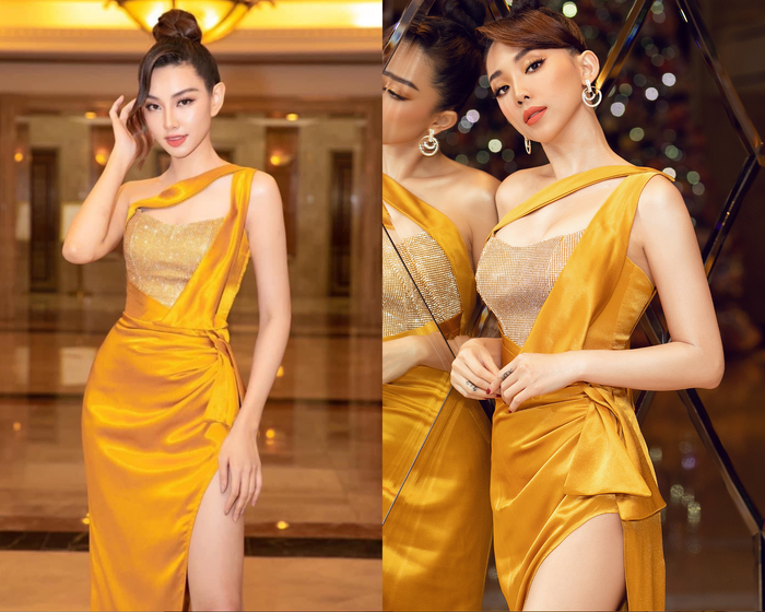 Màu vàng luôn là một trong những gam màu “kén da” nhưng khi được cả 2 “nàng Tiên” khoác lên mình, rất khó để có thể quyết định ai nhỉnh hơn ai ở lần “đụng hàng” này. Người đẹp nhân ái Nguyễn Thúc Thuỳ Tiên và ca sĩ Tóc Tiên cùng diện thiết kế với chất liệu vải satin bóng với phần đính đá cầu kỳ tại phần ngực. 