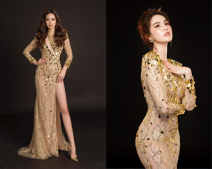 Đều sở hữu vóc dáng đáng ngưỡng mộ nhất trong showbiz Việt, không hiếm lần Hoa Hậu Khánh Vân và Ngọc Trinh khiến dân tình phải đau đầu với những màn so kè cân não trong khi đụng hàng. Cùng diện kiểu đầm dạ hội xuyên thấu với những họa tiết ánh vàng cùng với đường cắt táo bạo ở phần ngực và đường xẻ đùi cao. Khánh Vân khoe dáng siêu chuẩn, phô trọn chân thon hoàn hảo. Trong khi đó, Ngọc Trinh lại chọn cho mình style duyên dáng với điểm nhấn là khuyên tai. 